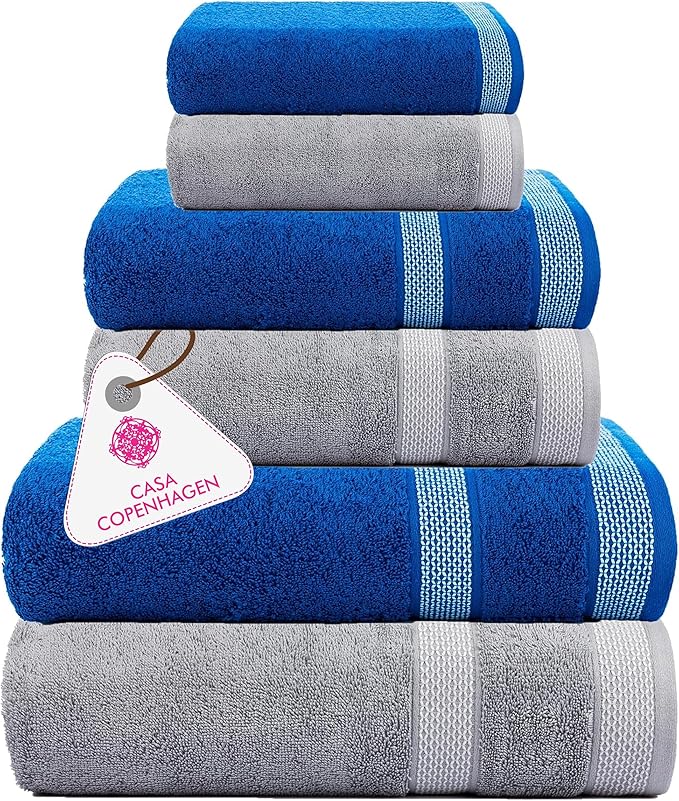 CASA COPENHAGEN Solitaire 6Pcs 100% Egyptian Cotton Large Designer Towels Gift Set- Grey - Electric Blue, 600GSM, 2Bath 2Hand 2Washcloths, Bath Towels for Bathroom Set for Women & Men