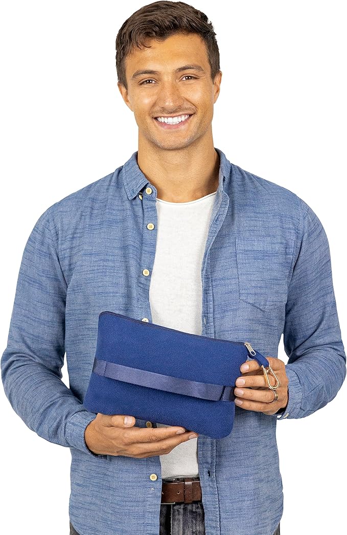 BlueHills Lightweight Travel Blanket Pillows Compact for Two Airplane Traveling Essentials Flight Throws in Bag case with Backpack Clip Compact Large Plane Accessories – Gray and Navy Blue
