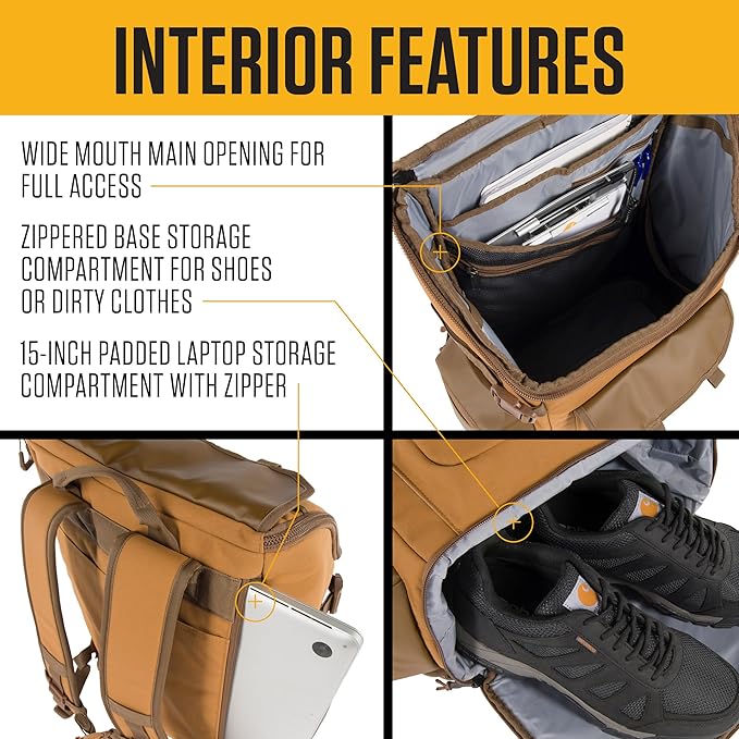Carhartt 35L Nylon Workday Backpack, Durable Water-Resistant Pack with 15" Laptop Sleeve and Adjustable Shoulder Straps, Black