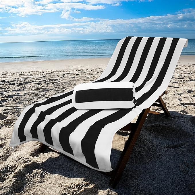 COTTON CRAFT Oversized Beach Towel - 2 Pack 35 x 70 inches XL Beach Towel - 100% Cotton Velour - Big & Huge - Thick Plush 450 GSM Super Soft Luxury Towel - Pool Picnic Bath - Cabana Stripe Black