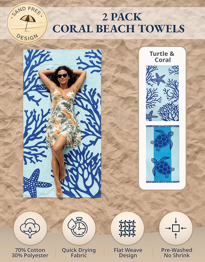 LANE LINEN Beach Towel 2 Pack, Oversized Beach Towel 39"x71", Lightweight Beach Essentials for Women, Large Pool Towel, Absorbent & Quick Dry, Sand Free Beach Towel - Turtle & Coral