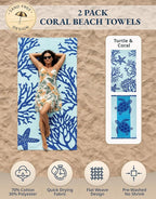 LANE LINEN Beach Towel 2 Pack, Oversized Beach Towel 39"x71", Lightweight Beach Essentials for Women, Large Pool Towel, Absorbent & Quick Dry, Sand Free Beach Towel - Turtle & Coral