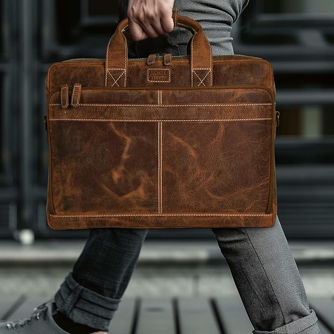 LEATHER VILLAGE 16" Leather Laptop Messenger Briefcase Bag for Men-Leather Satchel for Travel and Office Shoulder Bag- Sun Tan Brown