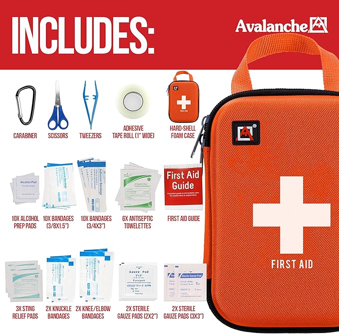 Avalanche 53 Pieces First Aid Kit, Compact Emergency Supplies Kit for Home, School, Car, Travel, Sports or Camping in Hard Shell Foam Case, Portable Mini First Aid Kit, Orange