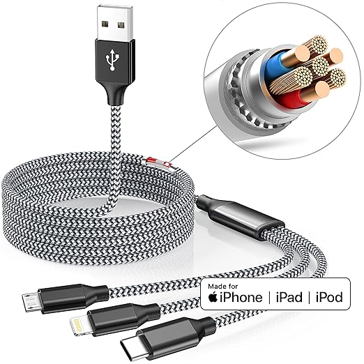 Xnewcable Multi Charging Cable 4ft 2Pack 3 in 1 Charger Cord, Multiple Rapid Nylon Braided Cable USB Charging Cable Multi Phone Charger Cord with Type C Micro Lightning USB Connectors for Cell Phones