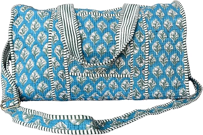 ATOSII Handblock Print 100% Cotton Large Quilted Duffle Bag for Overnight Trip, Travel Weekend Bag, Luggage, 2 Pockets with Zipper, 1 Front Pocket, Detachable Long Strap, 20 X 10 X 12 Inches, Nilo