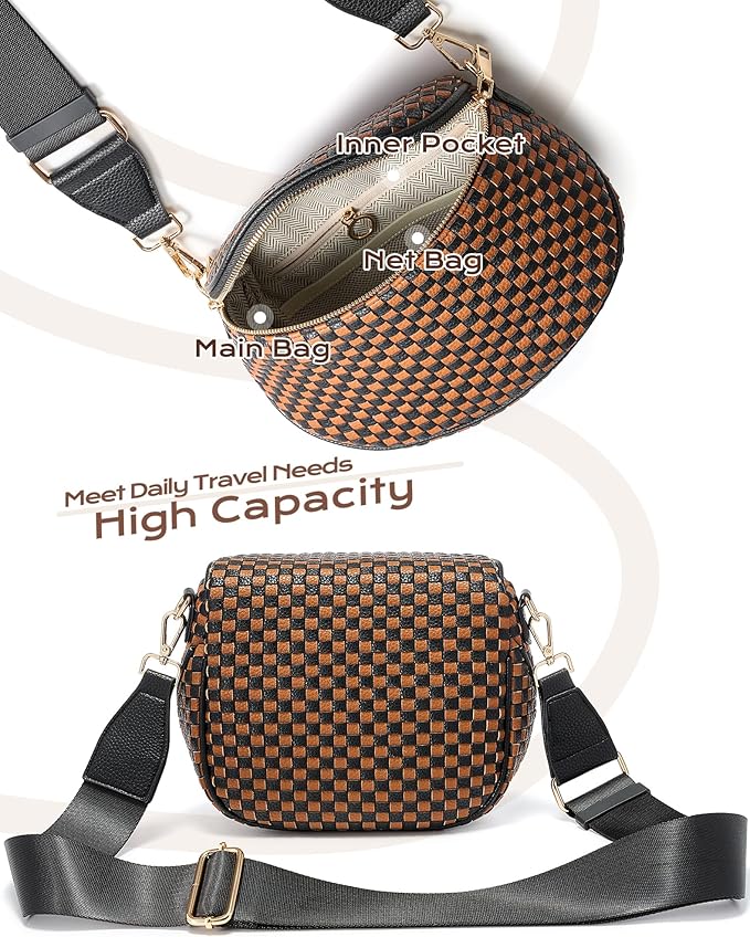 Trendy Woven Checkered Crossbody Bum Bag for Women，PU Leather Checkered Purse Fanny Packs Belt Bag (Woven Bum Bag - Black-Brown)
