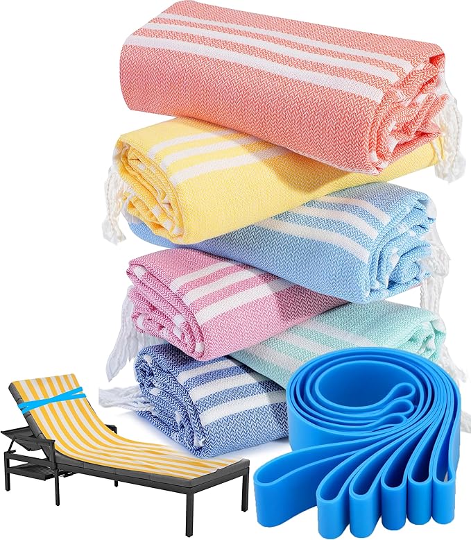 6 Packs Turkish Beach Towel Pool Swim Towels Set Bulk Soft Cotton Extra Large Sand Free Quick Dry Thin Lightweight Travel Essentials Cruise Accessories Camping Must Haves Clearance Sandless Oversized