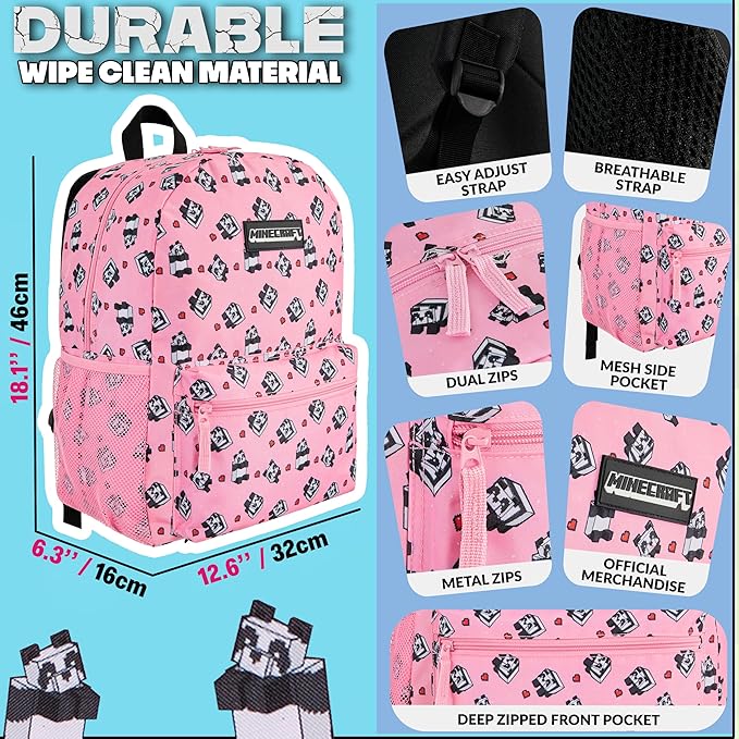 Minecraft Backpack for Boys Kids Teens Adjustable Straps Front Pocket Daypack Backpacks for Sports Gym School Gamer Gifts (Pink)