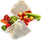 17 Reusable Cotton Mesh Produce Bags - 100% Organic Cotton, Durable, Double Stitched, Washable with Tare Weight & Drawstring - Mesh Bags for Grocery Shopping, Vegetables & Fruits, produce bgs 4 sizes