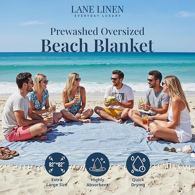 LANE LINEN Beach Towels Oversized - Picnic Blankets (82x82), Sand- Free Beach Accessories Must Haves for Family Vacations, Park Outings with Easy Carry, Quick Setup & Dry, Machine Washable – Sky Blue
