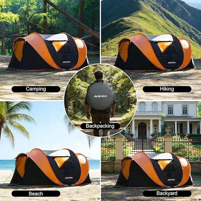 Pop Up Camping Tent, 2/4/6 Person Instant Tent Waterproof PU4500mm, Spacious Ventilated Camping Tent with Front Porch, Quick Setup Lightweight Portable for Outdoor Camping Hiking Beach