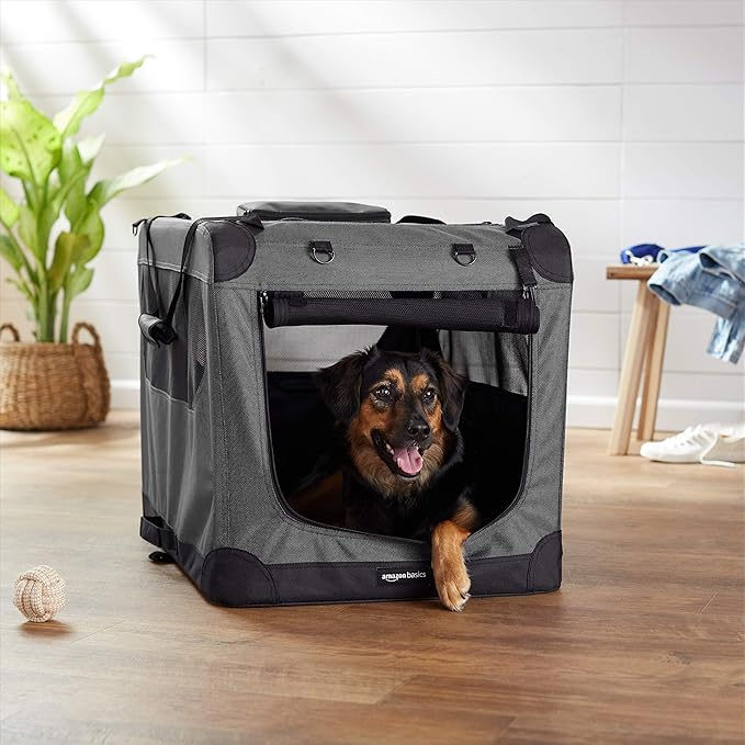 Amazon Basics Folding Portable Soft Pet Dog Crate Carrier Kennel with Fleece Pad, 30 x 21 x 21 inches, Grey