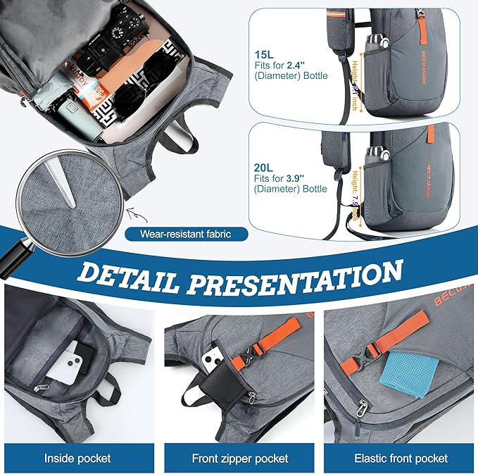 BECOJADDE 15L Small Hiking Backpack for Men Women Foldable Packable Back Pack Ultralight Hiking Daypack for Travel Camping Outdoor, Gray