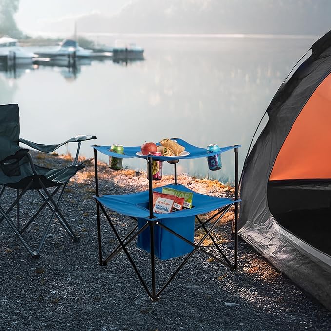 Wakeman Folding Camping Table - Small Folding Table Portable Outdoor Lightweight Tabletop with 4 Cupholders, Food Basket, and Travel Bag for Camp, Beach, or Tailgating Essentials Outdoors (Blue)