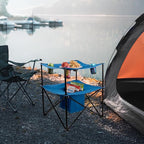 Wakeman Folding Camping Table - Small Folding Table Portable Outdoor Lightweight Tabletop with 4 Cupholders, Food Basket, and Travel Bag for Camp, Beach, or Tailgating Essentials Outdoors (Blue)