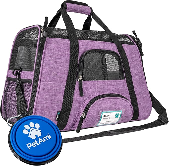 PetAmi Airline Approved Pet Carrier for Cats & Small Dogs, Soft Sided TSA Travel Carrier Bag with Sherpa Bed, Breathable Mesh Ventilation, Collapsible Bowl, Up to 18 lbs, Small Heather Purple