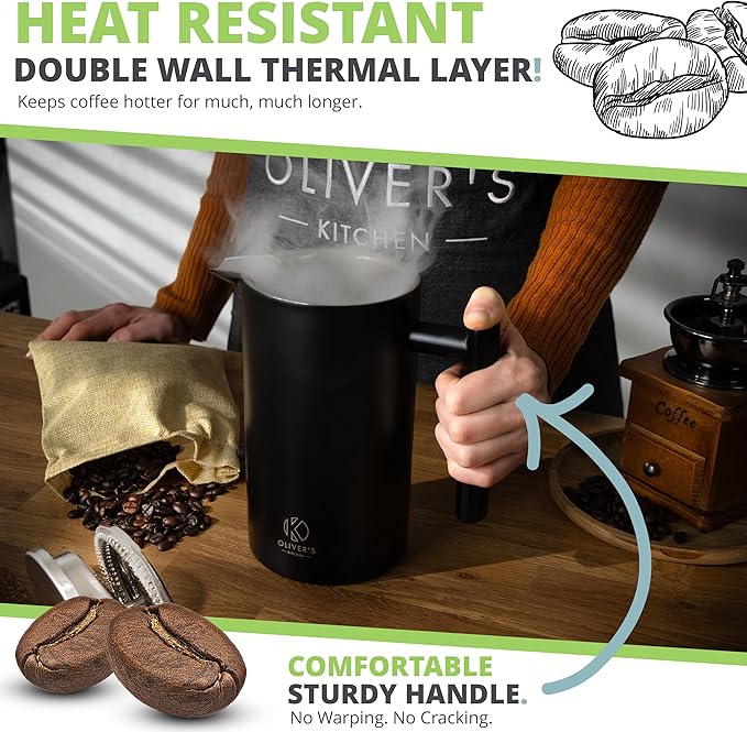 Oliver's Kitchen ® Premium French Press Cafetiere Coffee Maker - Thermal Insulated Double Wall - Black 1 Liter