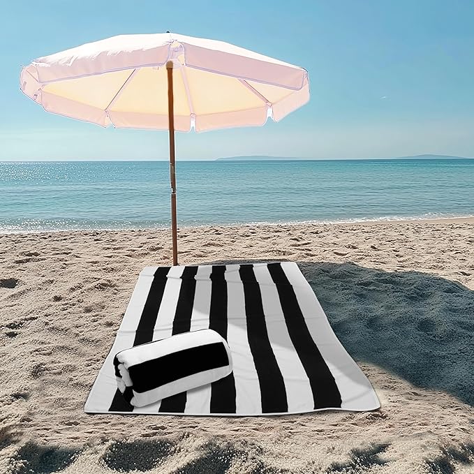 COTTON CRAFT Oversized XL Beach Towel - 2 Pack 39 x 68 inches Big & Huge Beach Blanket Towel - 100% Cotton Velour Thick Plush 450 GSM Super Soft Luxury - Pool Picnic Bath Towel - Cabana Stripe Black