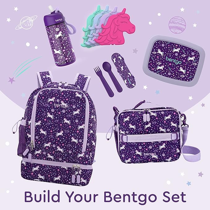 Bentgo Kids 2-in-1 Backpack & Insulated Lunch Bag - Durable 16” Backpack & Lunch Container in Unique Prints for School & Travel - Water Resistant, Padded & Large Compartments (Unicorn)