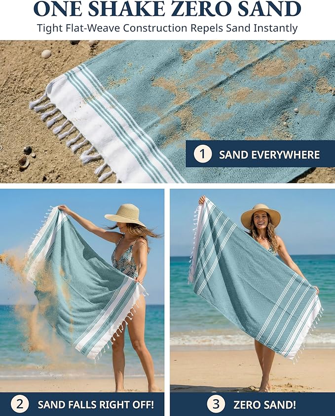 LANE LINEN Turkish Beach Towels, 2 Pack Extra Large Beach Towel, Pre-Washed for Soft Feel, Oversized Sand Free Quick-Dry Pool Towel, Beach Towels for Adults, 39"x71" - Baltic