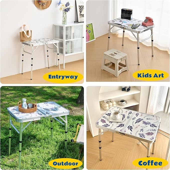 Yriuat Folding Camping Table 2ft Portable Pinic Table Adjustable Height Small Card Table Aluminum Foldable Lightweight with Carry Handle for Outdoor Indoor Hiking Camp BBQ Beach (Misty Lilac)
