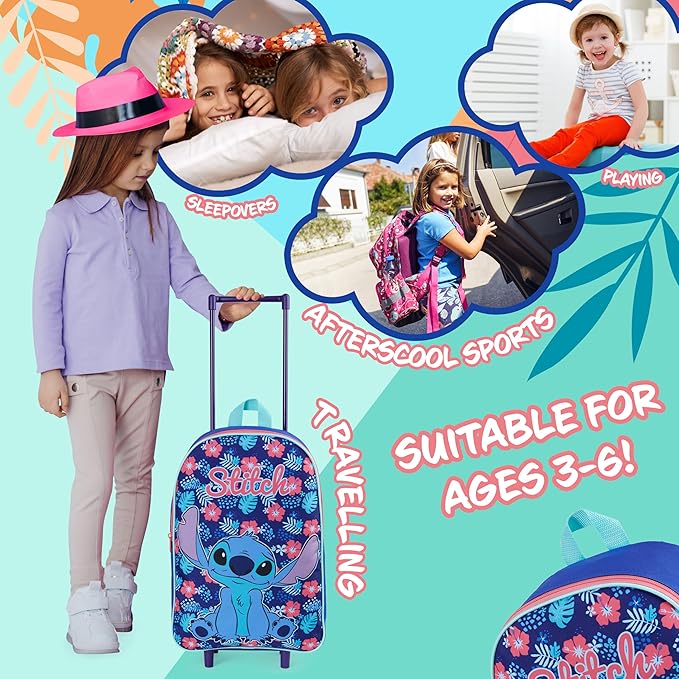 Disney Stitch Girls Suitcase, Foldable Trolley Bag 15.35” x 10.63” x 3.94”