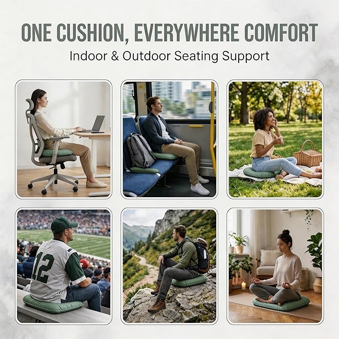 Portable Inflatable Seat Cushion w/Press Pump, No Mouth-Blow Air Pad for Flights, Waterproof Lightweight Chair Cushion for Stadium, Camping, Picnic, Fishing, Beach, Grass & Muddy Ground (Green)