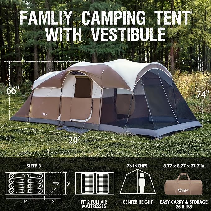 PORTAL 6/8/10 Person Family Camping Tent with Screen Room, Water Resistant Big Tunnel Tents with Rainfly, Large Family Tent for Camping, Outdoor, Patio
