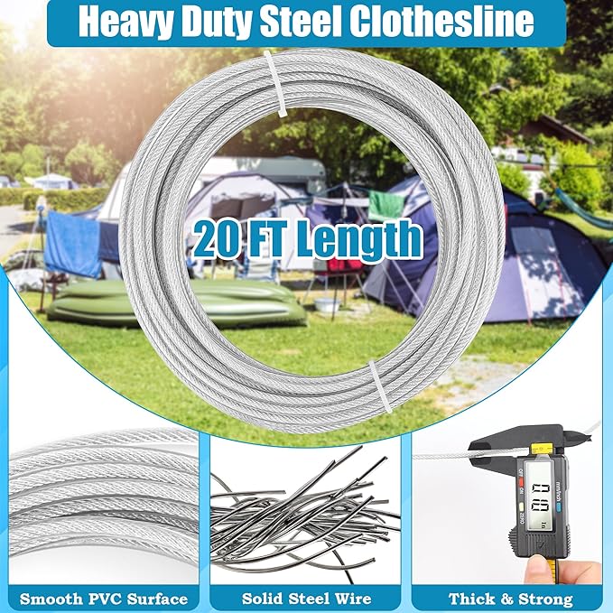 20FT Retractable Travel Clothesline, Adjustable Outdoor Clothesline Drying Clothes Line Laundry for Travel Camping, with Ratchet Pulley/ 2 Screws/ 2 Buckles (Black+Silver, 236, Inches)