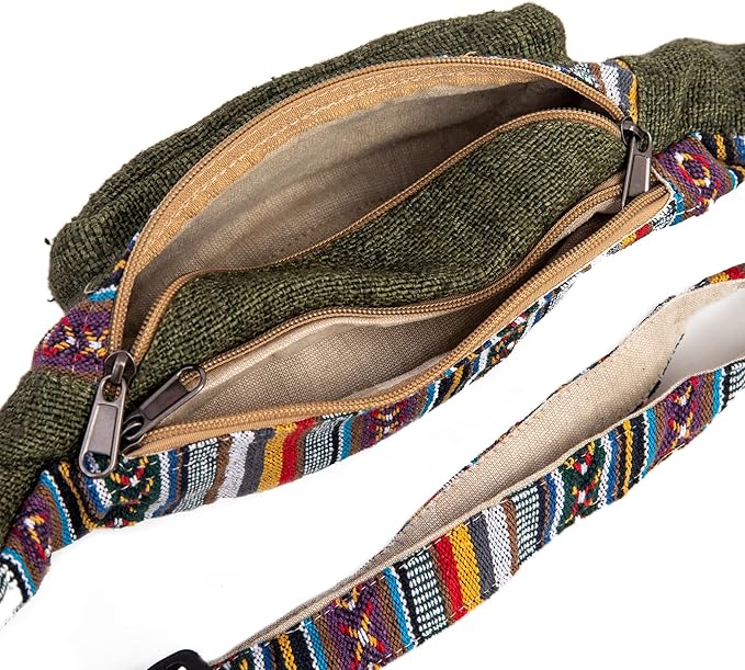 Freakmandu Eco-Friendly Green Boho Hippie Style Hemp Fanny Pack Cross Body Hip Waist Bag for Hiking Running Jogging (Safari)