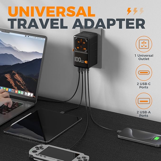 TESSAN Universal Travel Adapter, 100W GaN International Power Adaptor with 4 USB Ports (2 USB C), Worldwide Plug Adapter for US to EU Europe UK AUS France Italy Spain Ireland(Type C G A I), Black