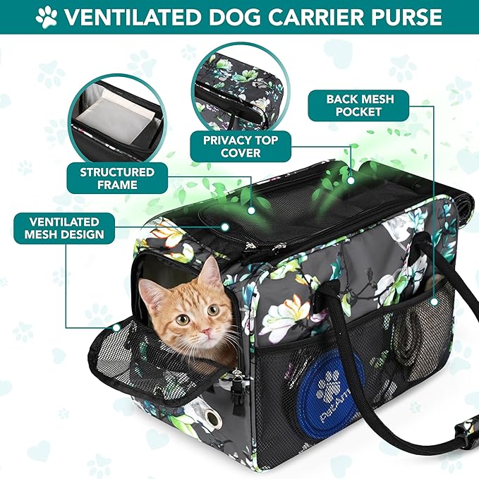 PetAmi Dog Purse Carrier for Small Dogs Cats, TSA Airline Approved Soft-Sided Pet Carrier with Pockets, Ventilated Travel Tote Bag with Bed & Shoulder Strap, Puppy Kitten, Max 12 lbs, Floral Gray
