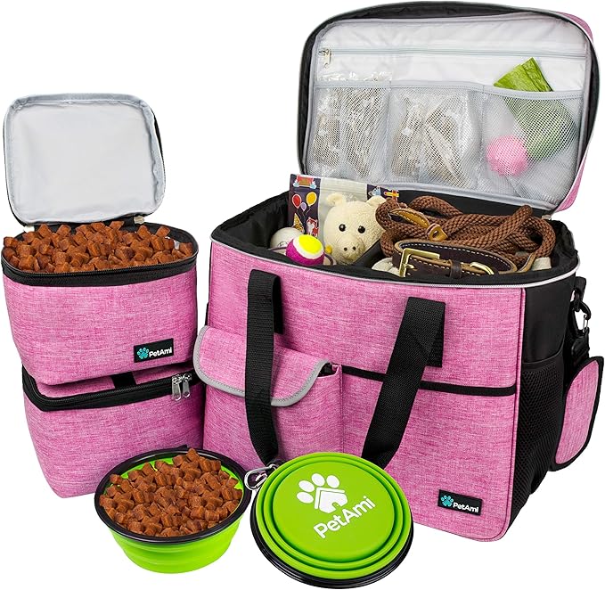 PetAmi Dog Travel Bag, Travel Pet Bag Organizer, Dog Food Travel Bag with Container Collapsible Bowls, Pet Travel Supplies Gift Accessories for Weekend Camping, Puppy Cat Diaper Bag, Pink Large
