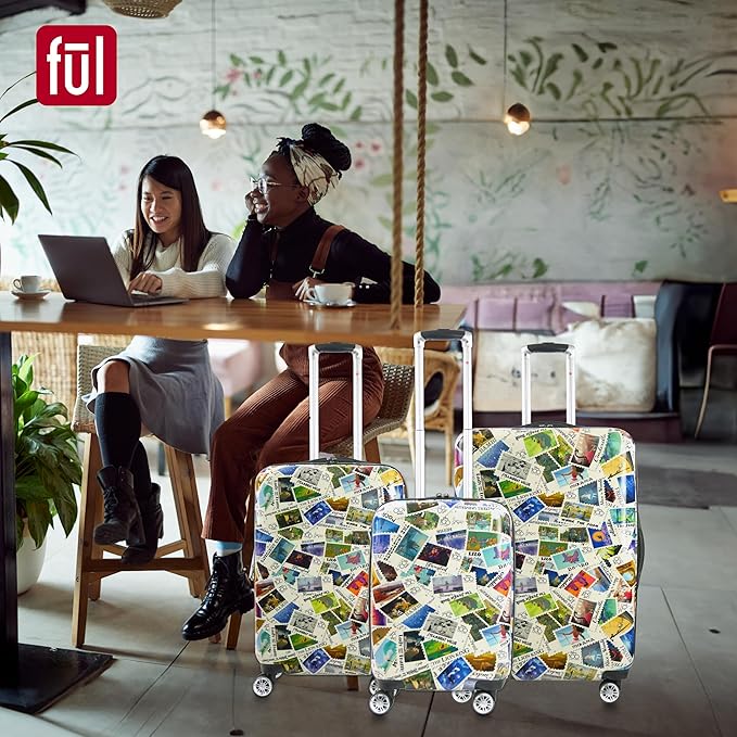 FUL Disney Stamps 22 Inch Carry On Luggage, Hardshell Rolling Suitcase with Spinner Wheels, Multi