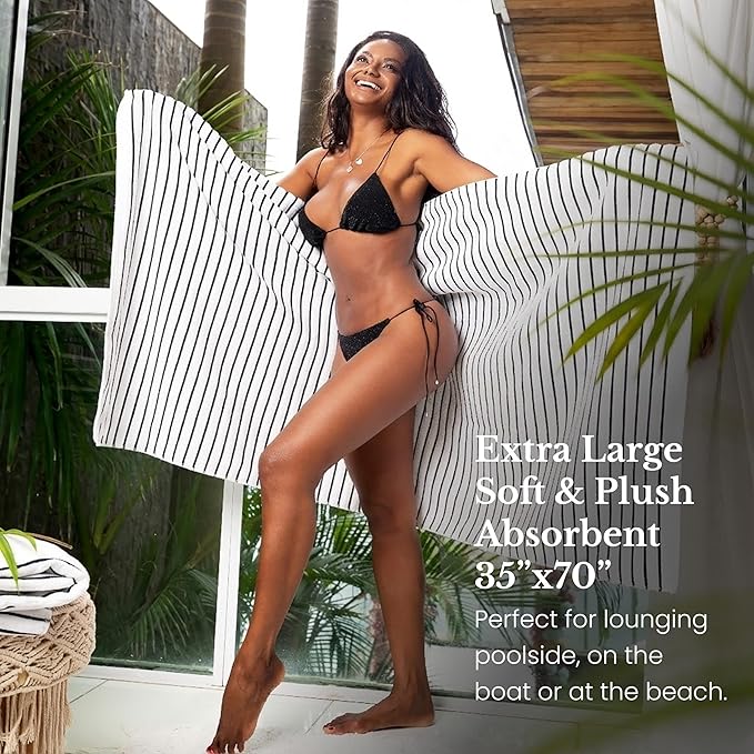 Black & White Brands Brazilian Beach/Pool/Bath Towel - Ultimate Absorbent Luxury XL 36x70 100% Cotton Wave (4 Towels, Black Poly Stripe)