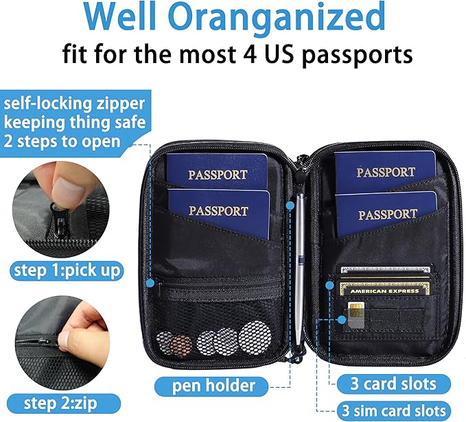 Family Passport Holder for 4, Black Passport Wallet for Travel, Passport Cover RFID Blocking for Women, Waterproof Wallet with Zipper, Airtag Passport Case for Men, Multiple Passport Bag