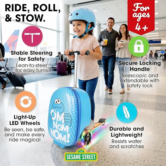 Sesame Street Cookie Monster Ride-On Scooter Suitcase for Kids – Hardside Lightweight Carry-On Luggage with Foldable Scooter & LED Wheels