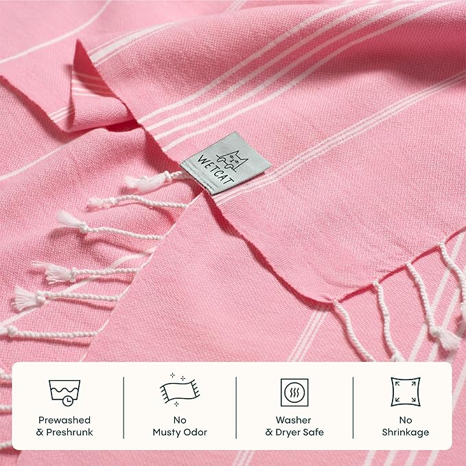 WETCAT Turkish Beach Towel Oversized (38"x71") 100% Turkish Cotton, Made in Turkey - Sand Free, Extra Large, Ultra Soft, Quick Drying, Compact & Lightweight for Travel - Light Pink