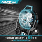 HEINPRO Battery Operated Fan Compatible with Makita 18V Battery with AC Adapter (No Batteries) Up to 650CFM, Variable Speed, Low Noise 30dB, Portable Cordless Fan for Camping, Jobsite