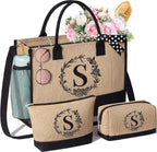 Personalized Gifts for Women Tote Bag, Initial Jute Tote Bag & Makeup Bags Monogrammed Beach Bag w/ Zipper, Mothers Day Birthday Gifts for Women Her Friends Mom Daughter Sister Grandma Teacher Nurse