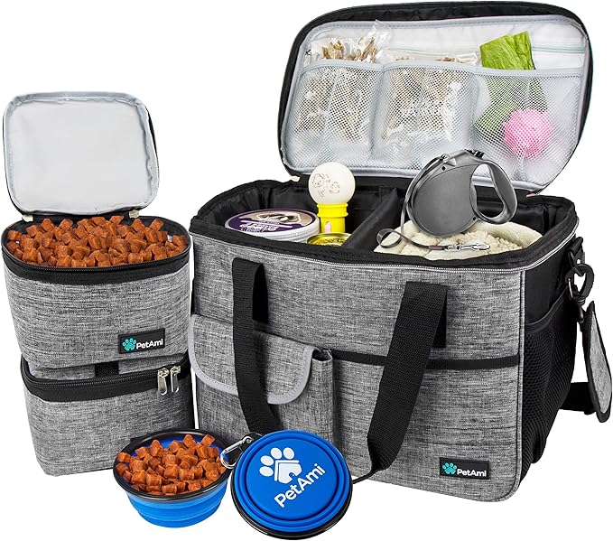PetAmi Dog Travel Bag, Travel Pet Bag Organizer, Dog Food Travel Bag with Container Collapsible Bowls, Pet Travel Supplies Gift Accessories for Weekend Camping, Puppy Cat Diaper Bag, Gray Medium
