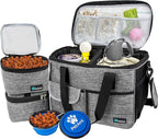PetAmi Dog Travel Bag, Travel Pet Bag Organizer, Dog Food Travel Bag with Container Collapsible Bowls, Pet Travel Supplies Gift Accessories for Weekend Camping, Puppy Cat Diaper Bag, Gray Medium