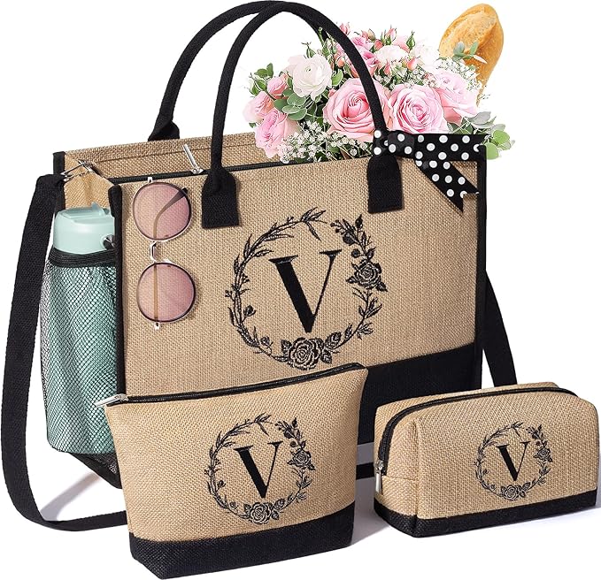 Personalized Gifts for Women Tote Bag, Initial Jute Tote Bag & Makeup Bags Monogrammed Beach Bag w/ Zipper, Mothers Day Birthday Gifts for Women Her Friends Mom Daughter Sister Grandma Teacher Nurse