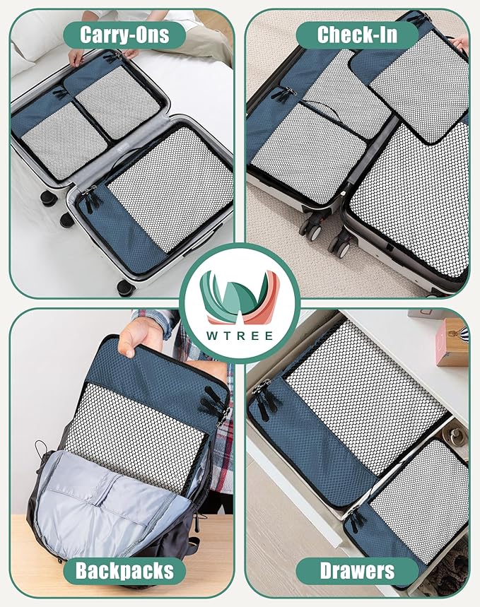 WTREE 4-Piece Packing Cubes Travel Accessories Set for Suitcases - Luggage Organizer Bags with Double Zipper - Mesh Top - Large - Dark Blue
