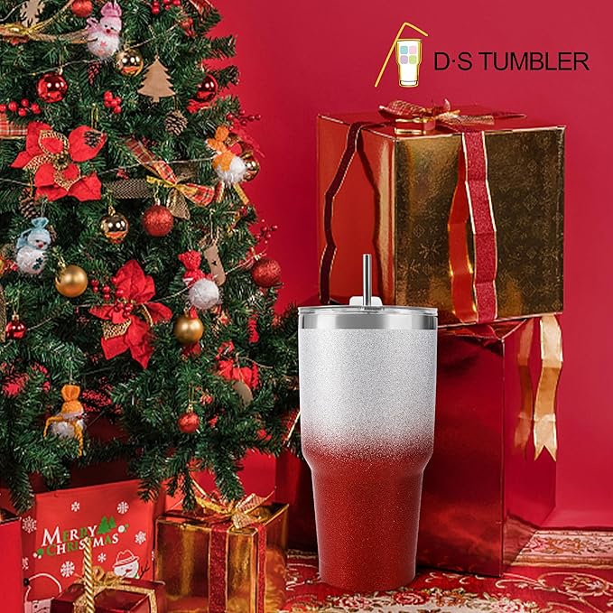 D·S 30 oz Tumbler Christmas Red Glitter Gradient Cup Stainless Steel Double Wall Vacuum Insulated Mug with Straw and Lid, Cleaning Brush for Cold and Hot Beverages