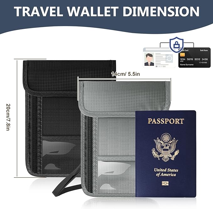 Likesing 5.5" L x 7.7" W Travel Neck Wallet, RFID Blocking Passport Holder for Travel Women Men, Security Passport Wallet with 10 Card Slot, Neck Pouch Gifts for Traveling Family (Grey)