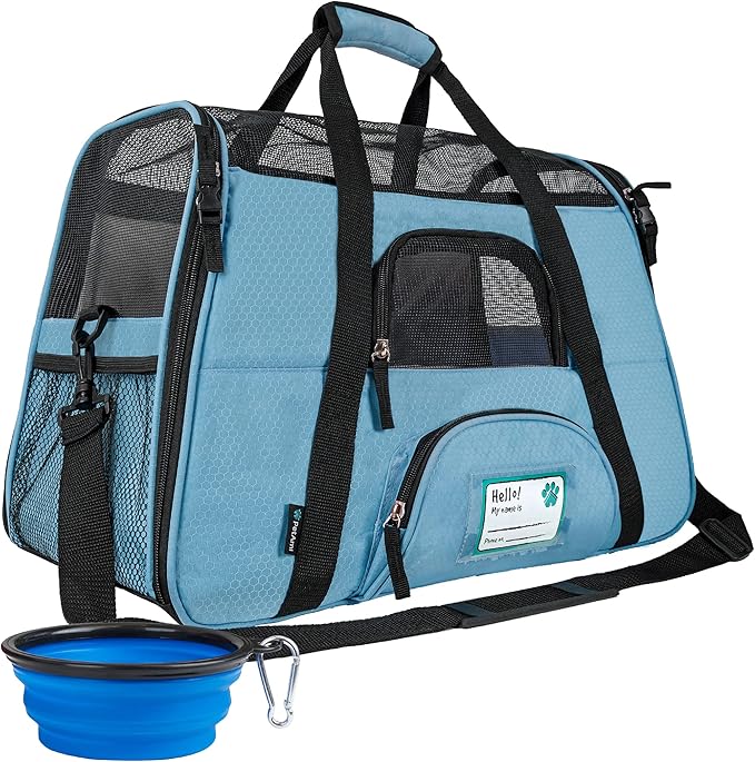PetAmi Airline Approved Pet Carrier for Cats & Small Dogs, Soft Sided TSA Travel Carrier Bag with Sherpa Bed, Breathable Mesh Ventilation, Collapsible Bowl, Fits Under Seat, Up to 18 lbs, Small Blue