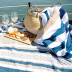 Laguna Beach Textile Co. Striped Cabana Beach Towel - Oversized, Plush 630 GSM Cotton - Ocean Blue and Almond Beige