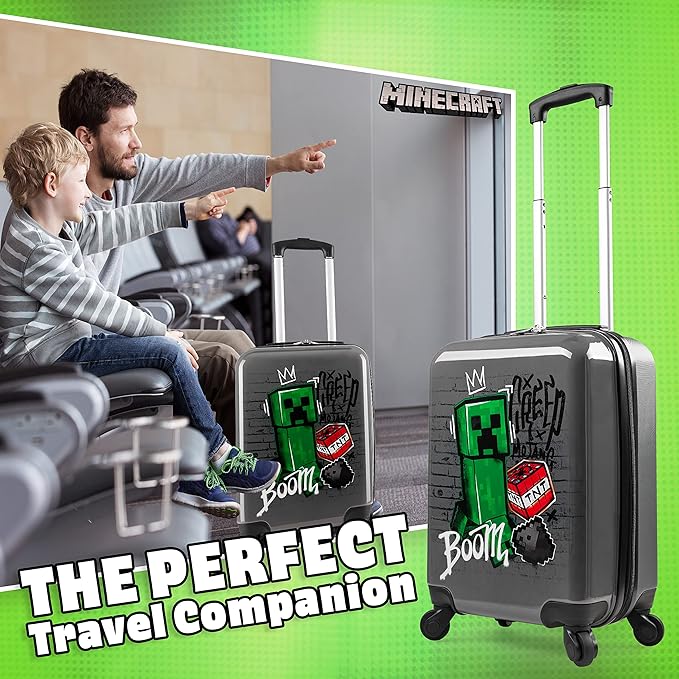 Minecraft Suitcase for Kids Teens Creeper Hard Shell Luggage Rolling Suitcase 4 Wheels Travel Essentials Vacations Trips (Medium Grey, 19.29” - 30L)